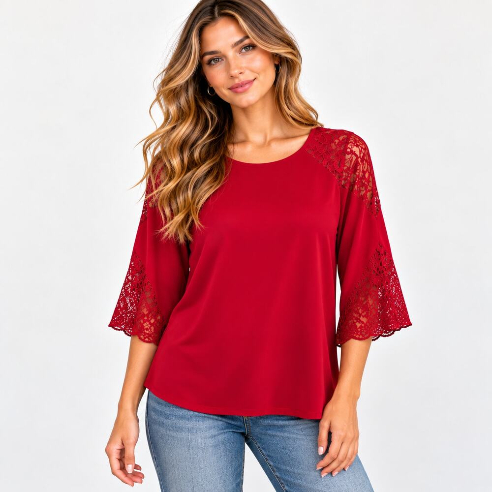 Susan Graver Liquid Knit Blouse Women's Size S Red Lace Romantic Office Party